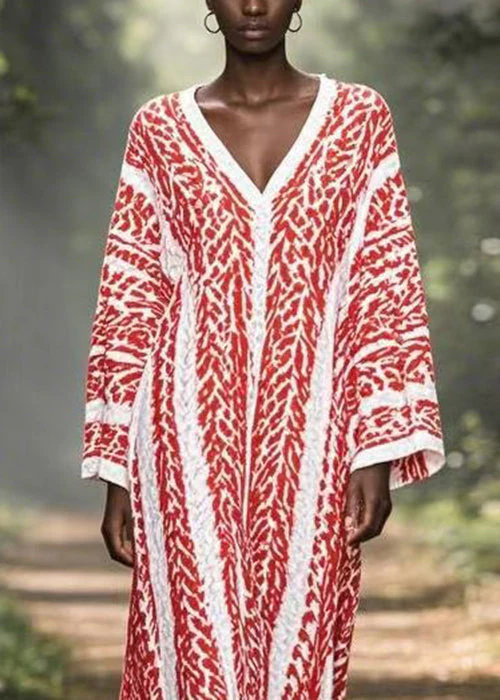 Original Red Print Loose Ankle Dress V Neck Spring - Image 2
