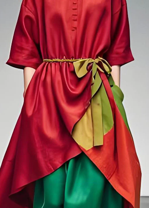 Original Red V Neck Low High Design Patchwork Cotton Dress Summer - Image 4