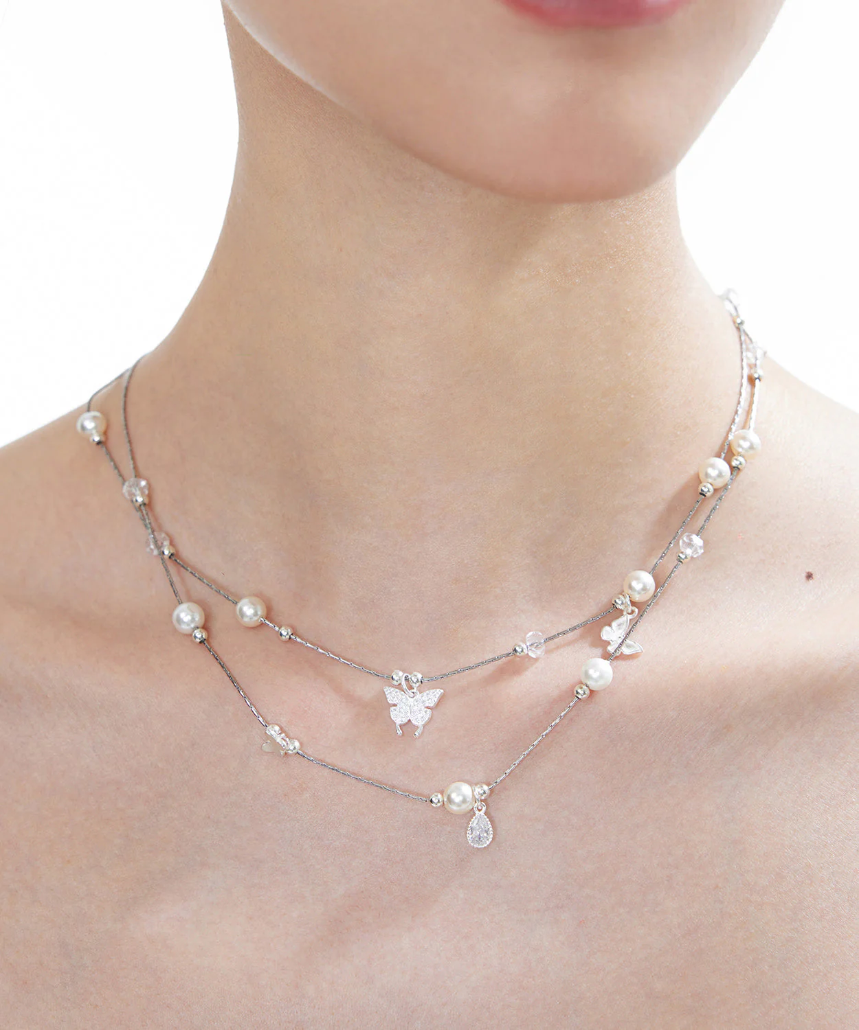 Original White Butterfly Crystal Pearl Double Layered Adjustable Silver Necklace