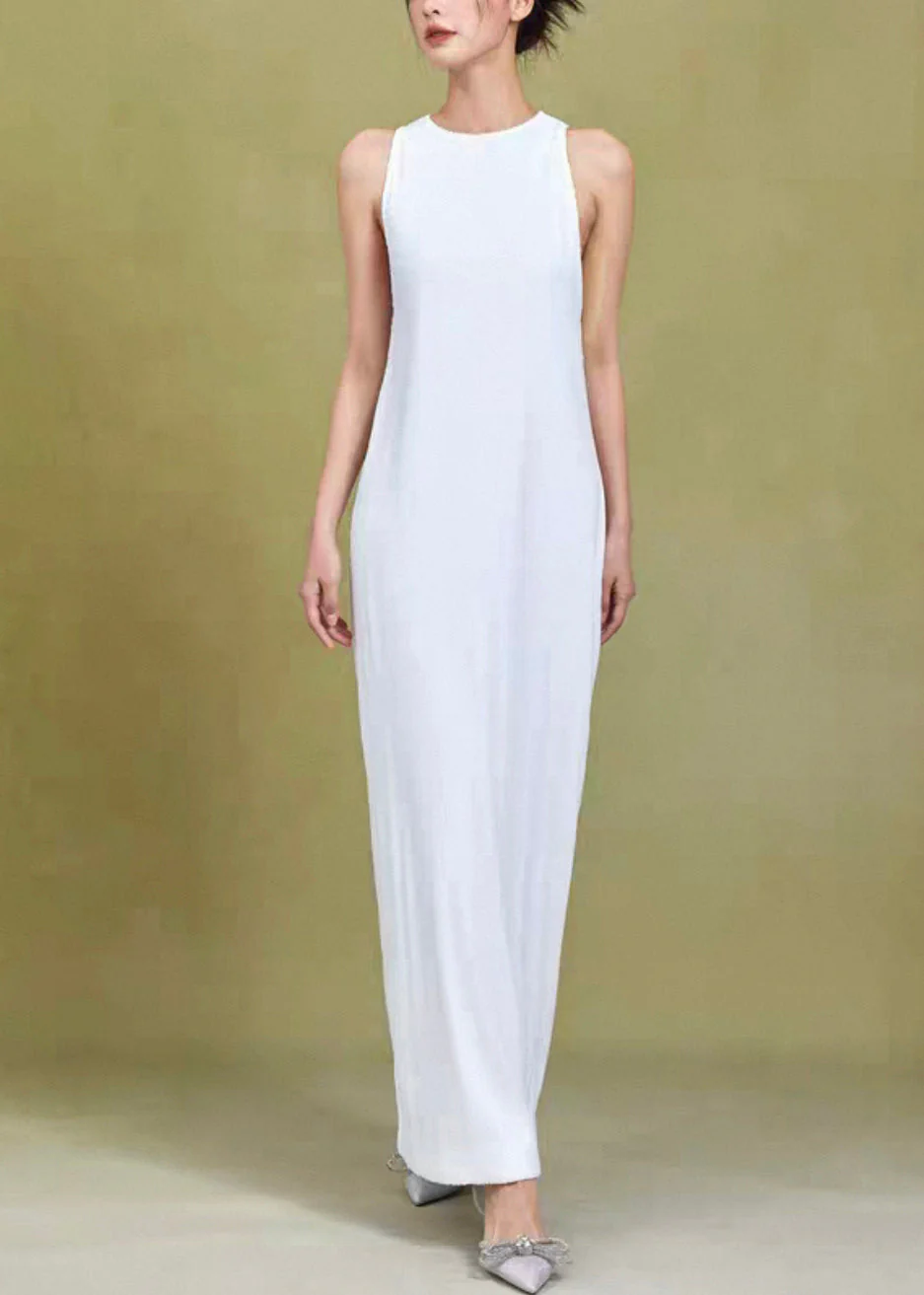 Original White O Neck High Waist Solid Cotton Dress Sleeveless - Image 2
