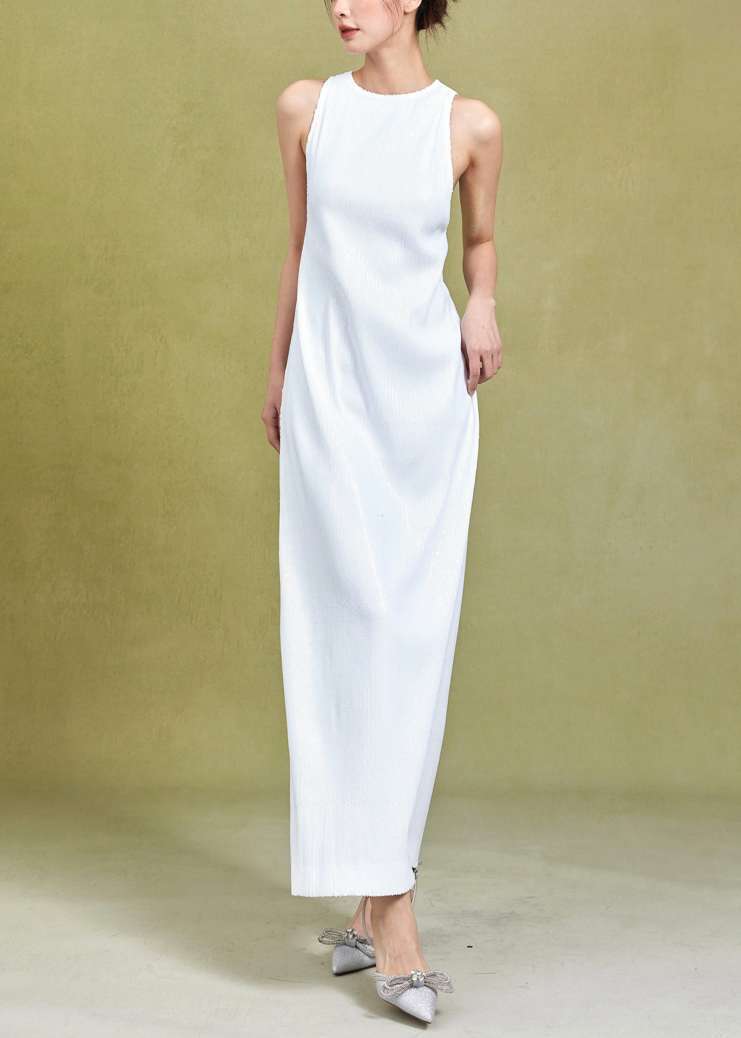 Original White O Neck High Waist Solid Cotton Dress Sleeveless - Image 3