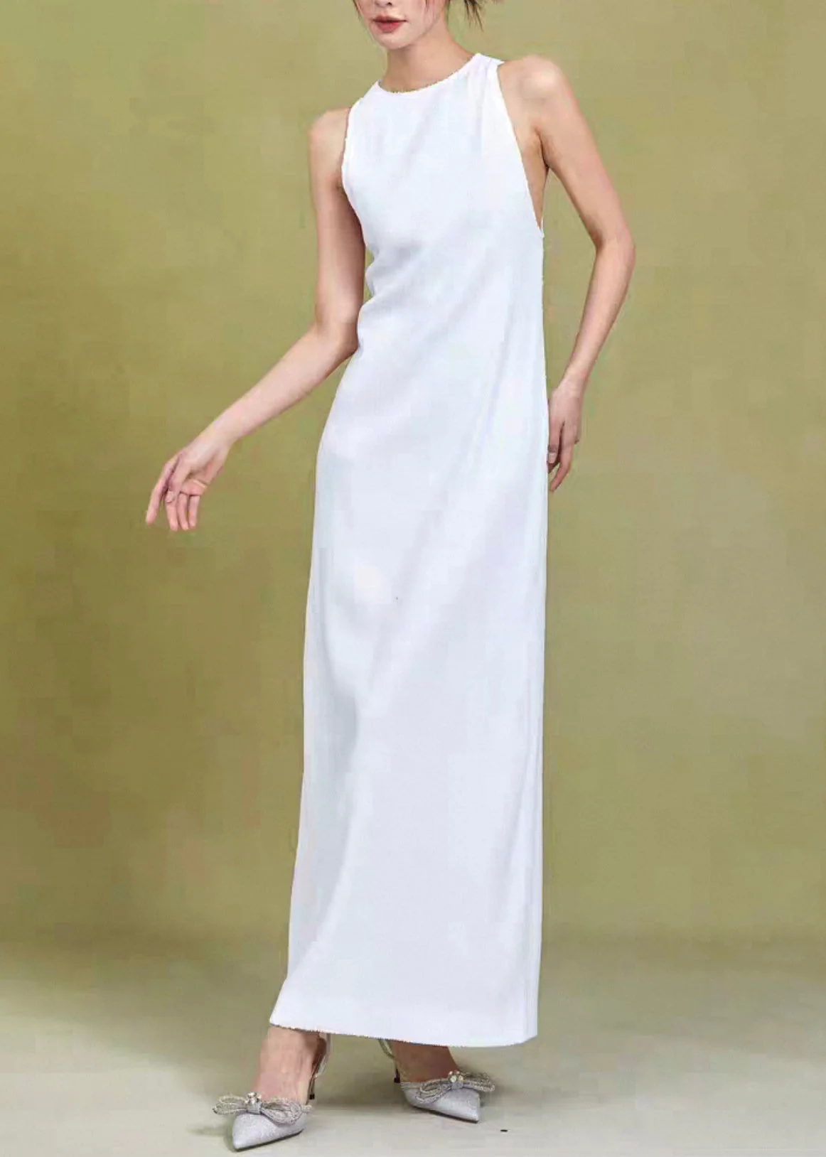Original White O Neck High Waist Solid Cotton Dress Sleeveless - Image 4