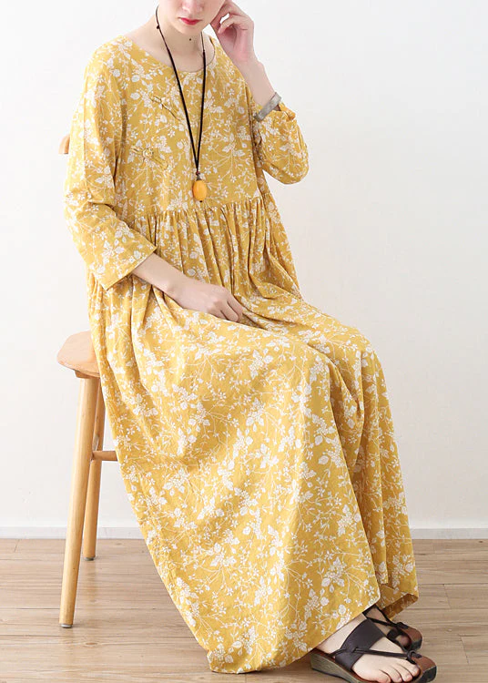 Original Yellow O-Neck Wrinkled Print Loose Dresses Three Quarter sleeve - Image 2