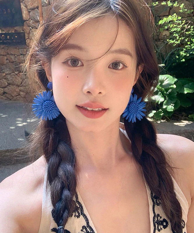 Oversize Blue Alloy Weave Sunflower Drop Earrings - Image 3