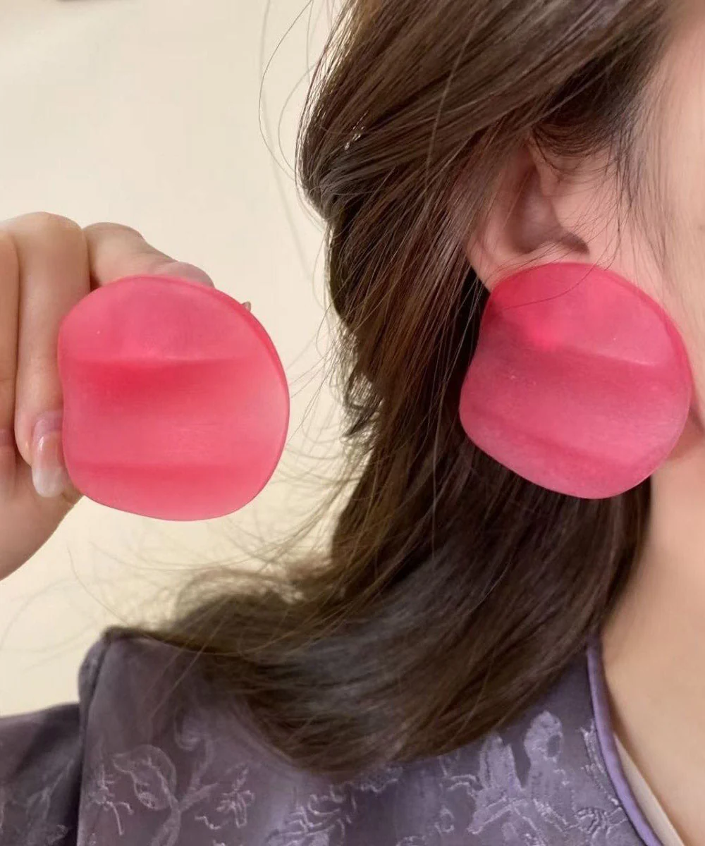 Oversize Red Copper Alloy Asymmetrical Prawn Cracker Stud Earrings - Image 3