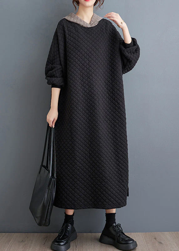 Oversized Black Hooded Fine Cotton Filled Long Dresses Winter - Image 2