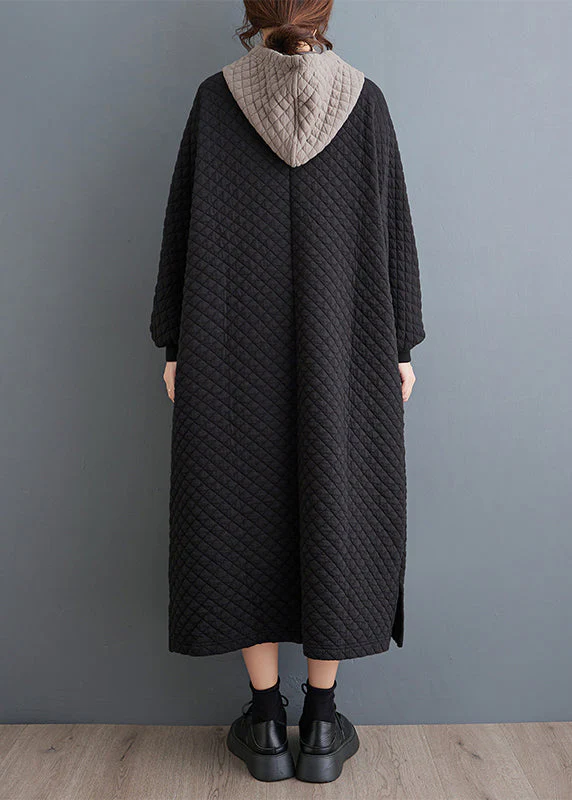 Oversized Black Hooded Fine Cotton Filled Long Dresses Winter - Image 4