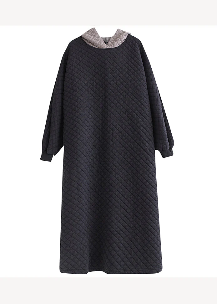 Oversized Black Hooded Fine Cotton Filled Long Dresses Winter - Image 5