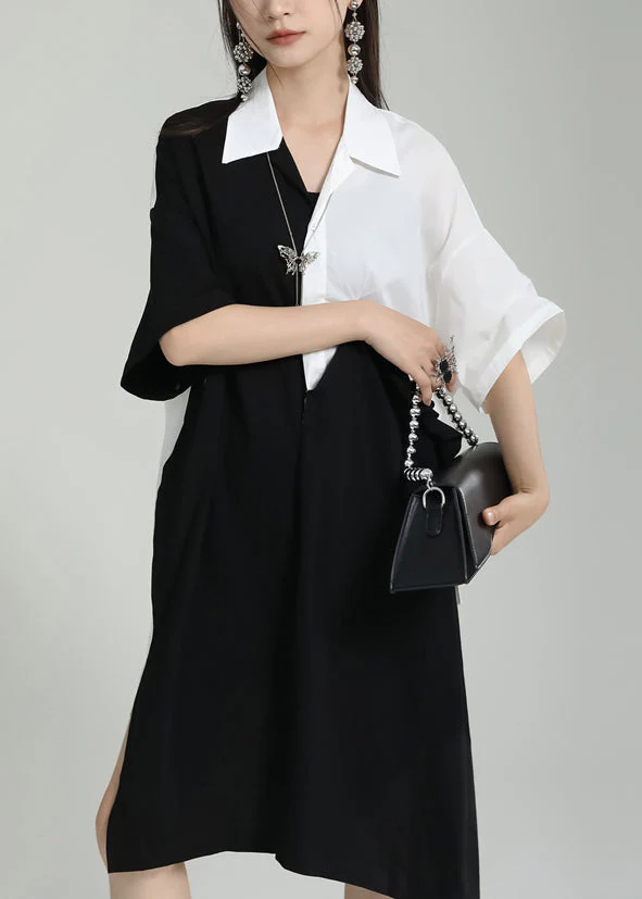 Oversized Black Peter Pan Collar Patchwork Cotton Shirts Dress Summer - Image 2