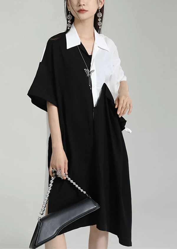 Oversized Black Peter Pan Collar Patchwork Cotton Shirts Dress Summer - Image 3