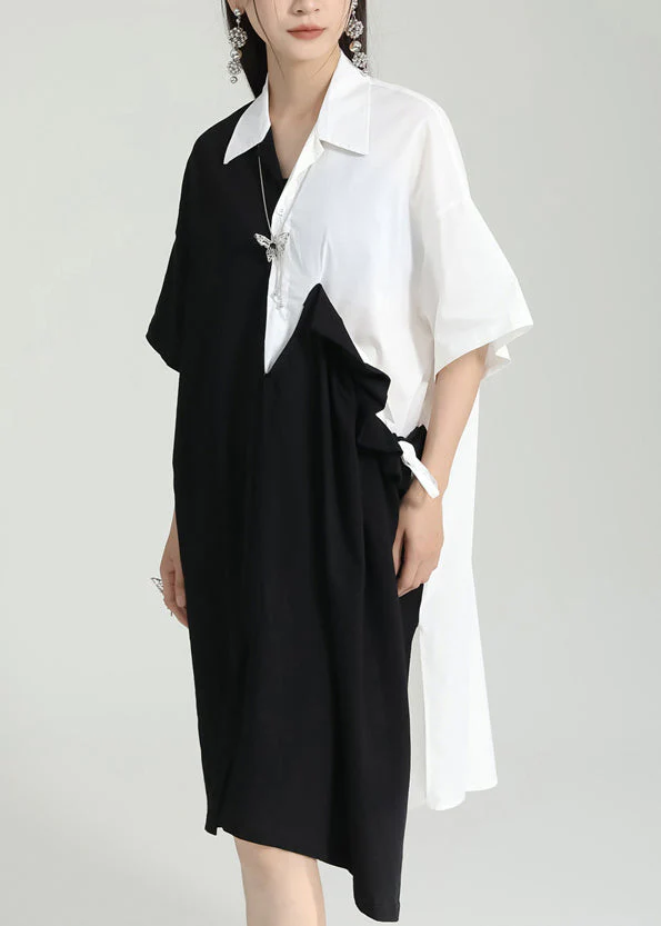 Oversized Black Peter Pan Collar Patchwork Cotton Shirts Dress Summer - Image 4