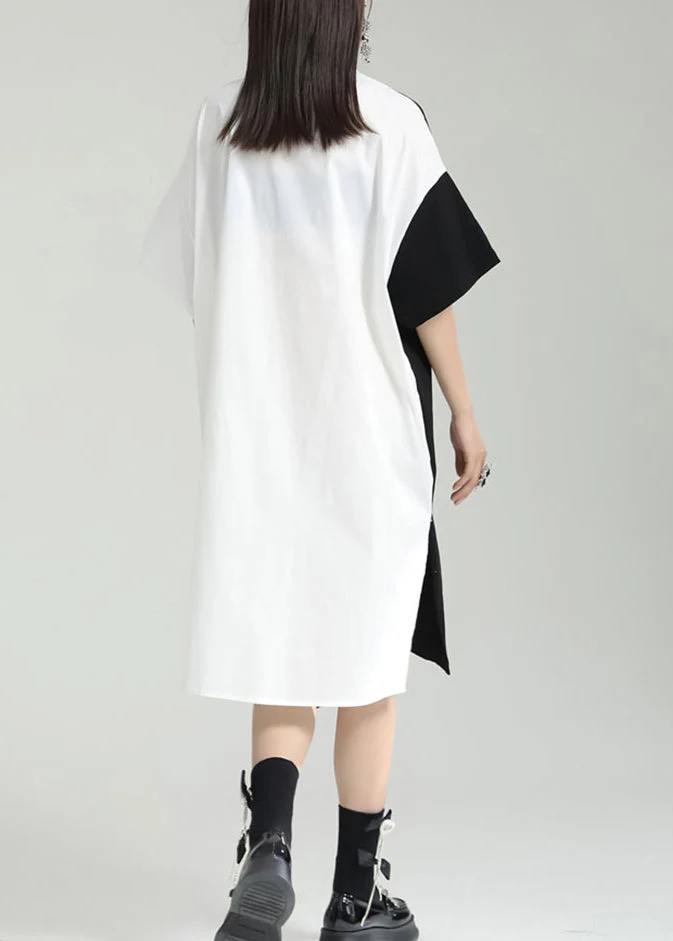 Oversized Black Peter Pan Collar Patchwork Cotton Shirts Dress Summer - Image 5