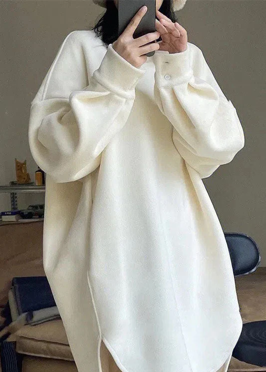 Oversized White O Neck Patchwork Faux Fur Sweatshirts Dress Fall - Image 3