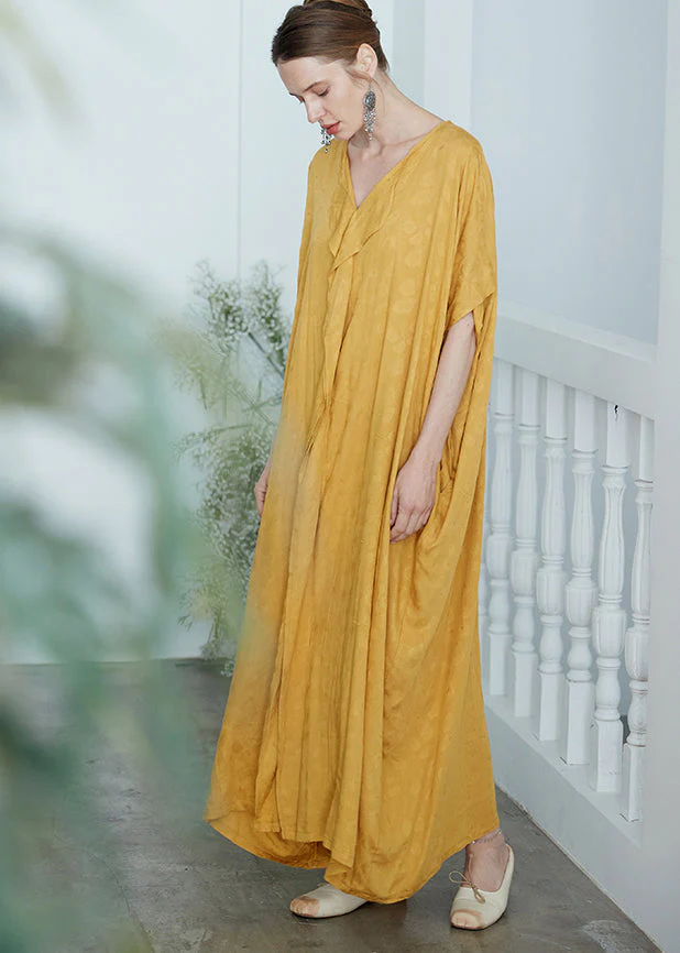 Oversized Yellow V Neck Jacquard Patchwork Cotton Robe Dresses Summer - Image 2