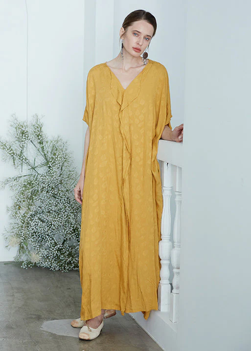 Oversized Yellow V Neck Jacquard Patchwork Cotton Robe Dresses Summer - Image 3