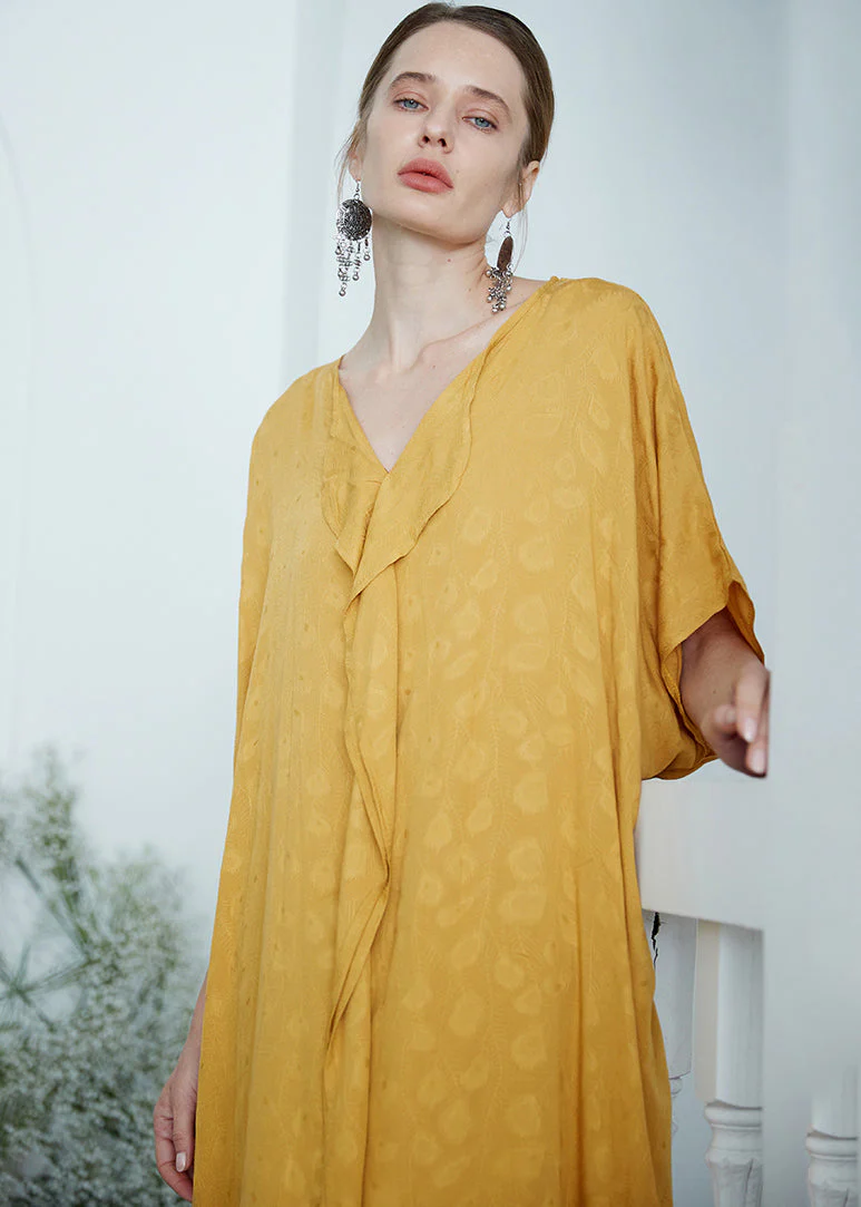 Oversized Yellow V Neck Jacquard Patchwork Cotton Robe Dresses Summer - Image 4