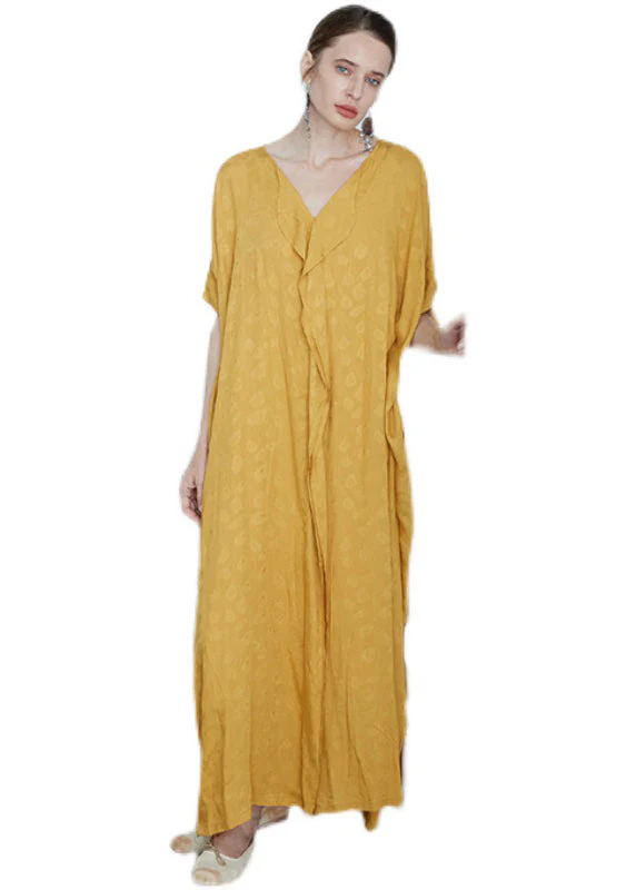 Oversized Yellow V Neck Jacquard Patchwork Cotton Robe Dresses Summer - Image 5
