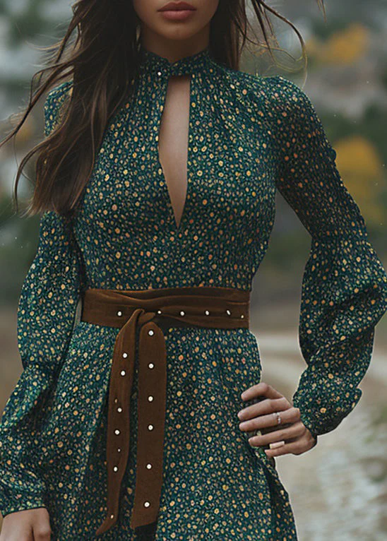 Pastoral Style Green V Neck Long Sleeve Short Dress - Image 2