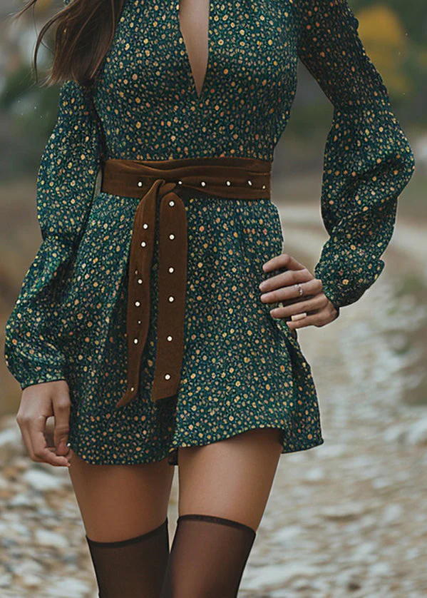 Pastoral Style Green V Neck Long Sleeve Short Dress - Image 4