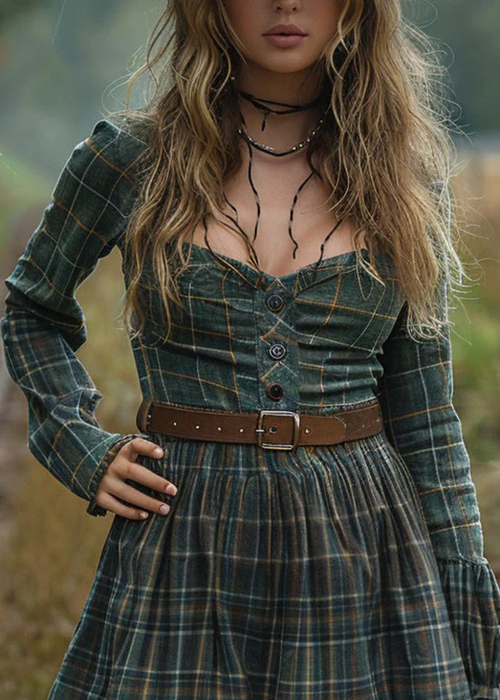 Pastoral Style Plaid Ruffled Long Sleeve Short Dress - Image 2
