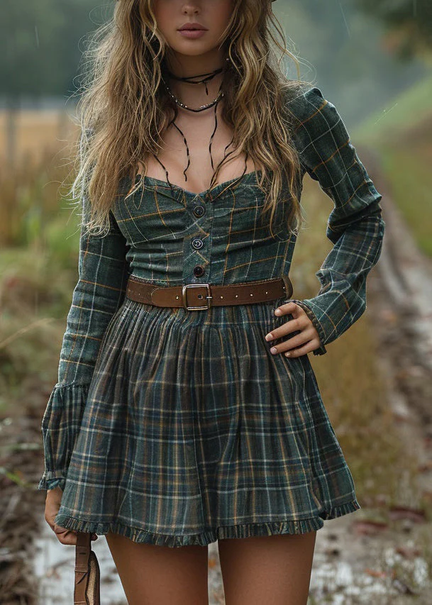 Pastoral Style Plaid Ruffled Long Sleeve Short Dress - Image 3