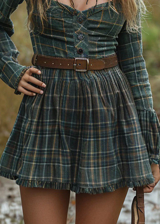 Pastoral Style Plaid Ruffled Long Sleeve Short Dress - Image 4