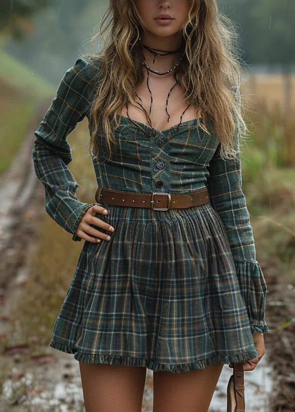 Pastoral Style Plaid Ruffled Long Sleeve Short Dress - Image 5