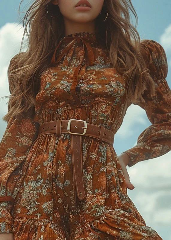 Pastoral Style Ruffled Print Bohemian Cotton Mini Dress Long Sleeve - Image 2