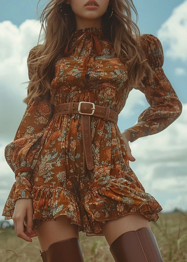 Pastoral Style Ruffled Print Bohemian Cotton Mini Dress Long Sleeve - Image 5