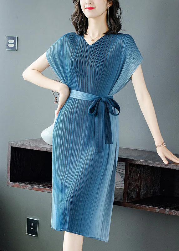 Peacock Blue Gradient Color Chiffon Dress Sashes Wrinkled Summer - Image 2