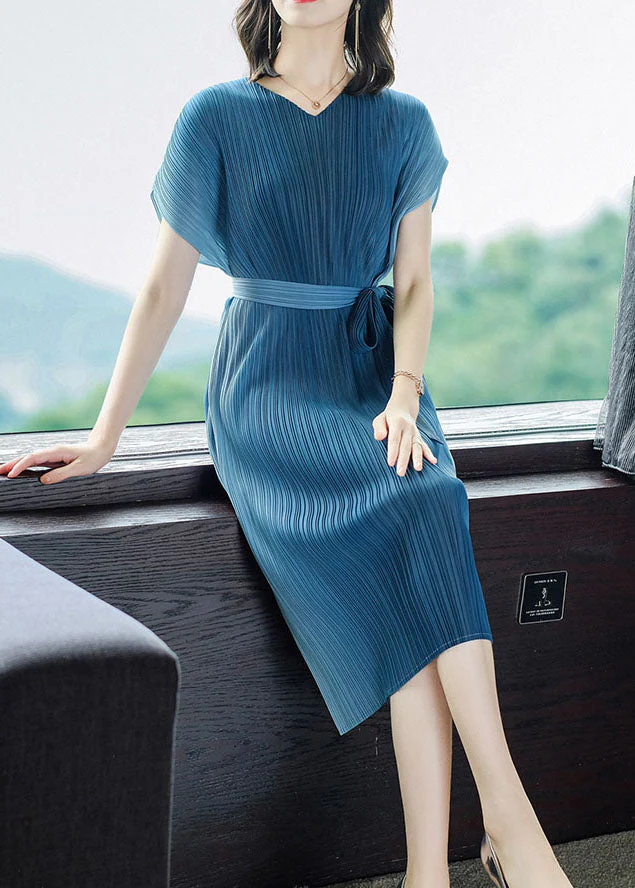 Peacock Blue Gradient Color Chiffon Dress Sashes Wrinkled Summer - Image 3