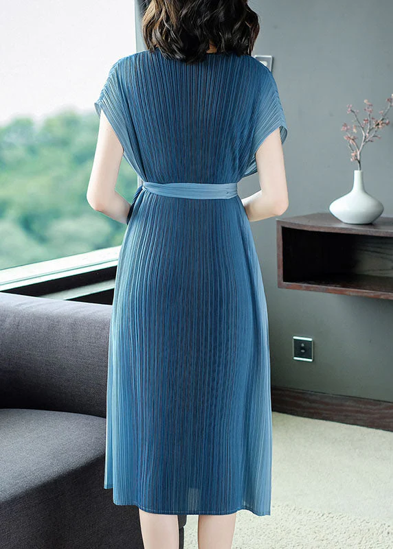 Peacock Blue Gradient Color Chiffon Dress Sashes Wrinkled Summer - Image 4