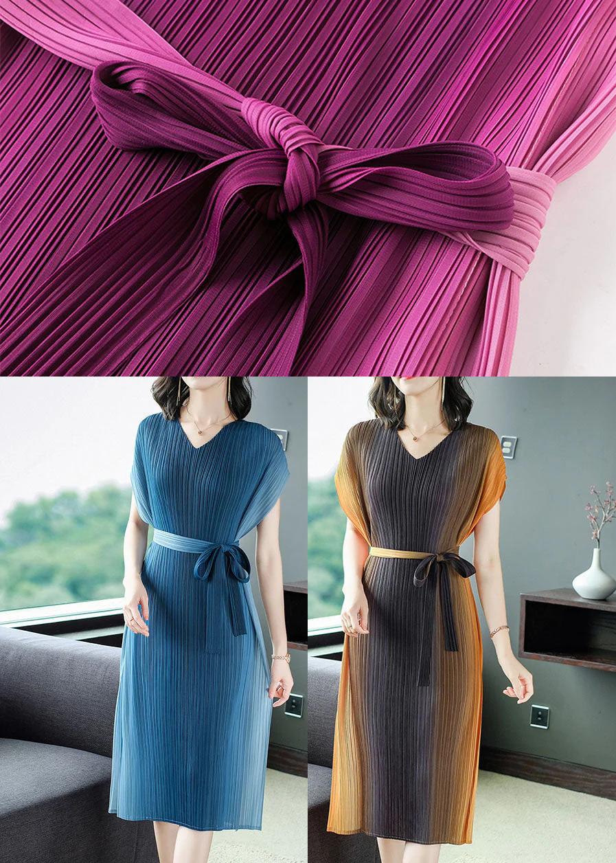 Peacock Blue Gradient Color Chiffon Dress Sashes Wrinkled Summer - Image 5
