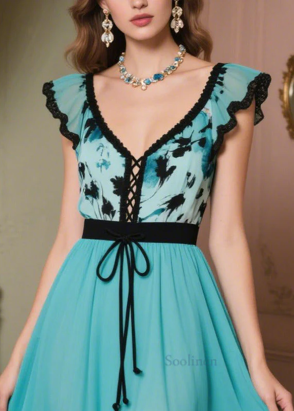 Peacock Blue Patchwork Chiffon Vacation Dresses Exra Large Hem Summer - Image 2