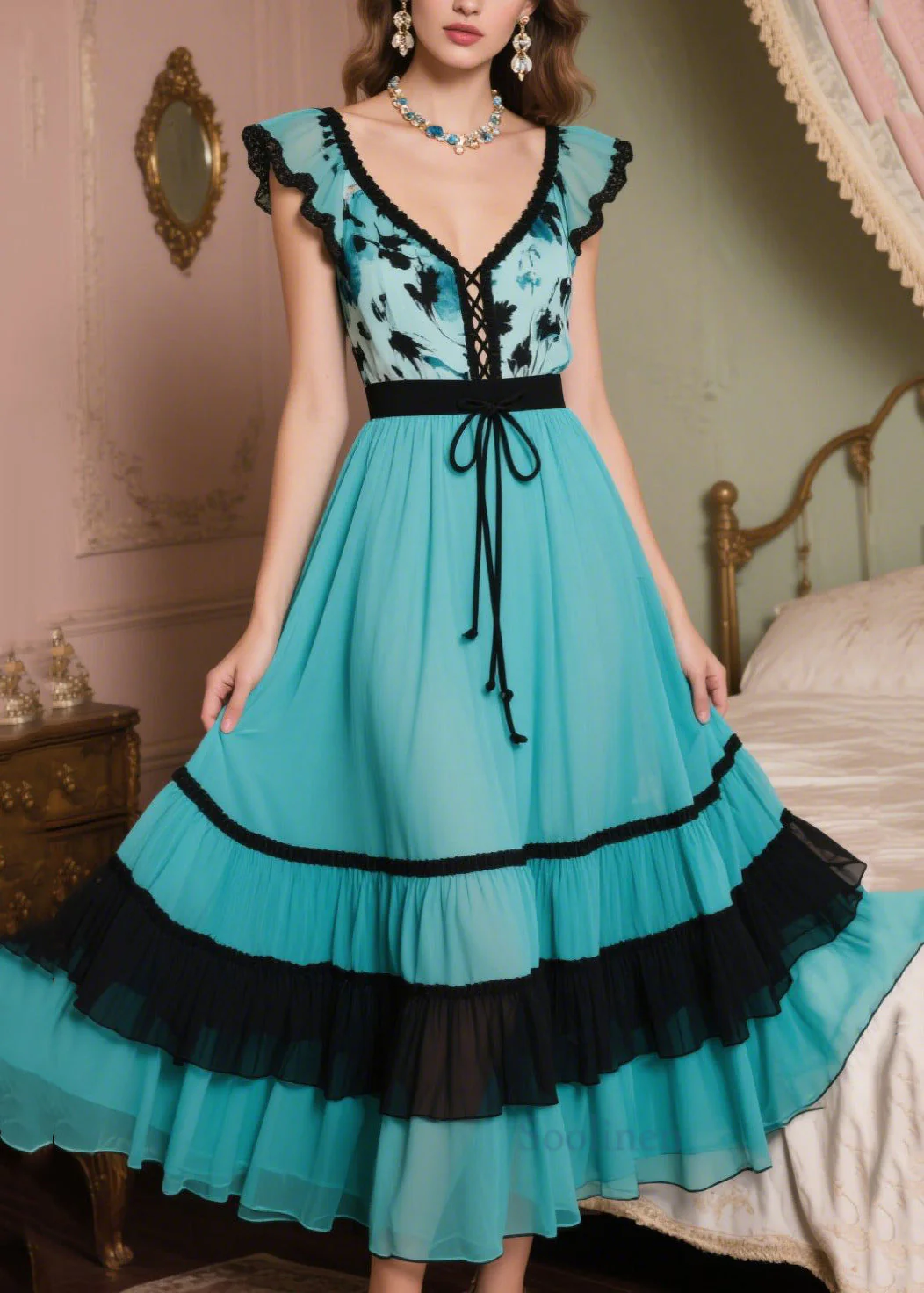 Peacock Blue Patchwork Chiffon Vacation Dresses Exra Large Hem Summer - Image 3