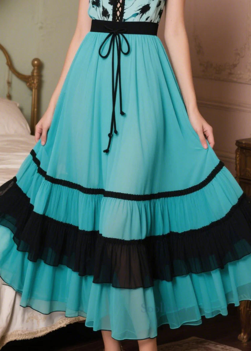 Peacock Blue Patchwork Chiffon Vacation Dresses Exra Large Hem Summer - Image 4