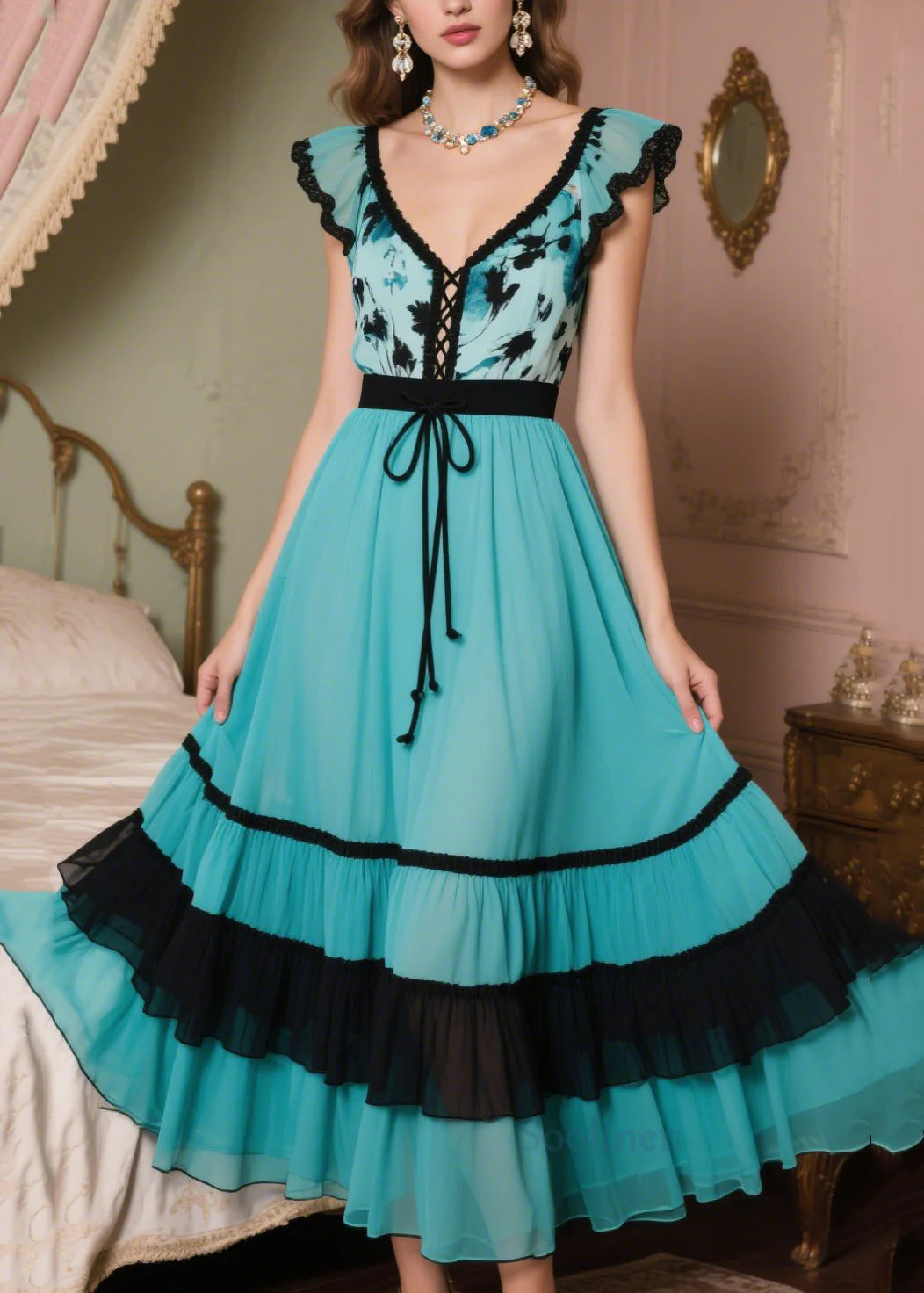 Peacock Blue Patchwork Chiffon Vacation Dresses Exra Large Hem Summer - Image 5