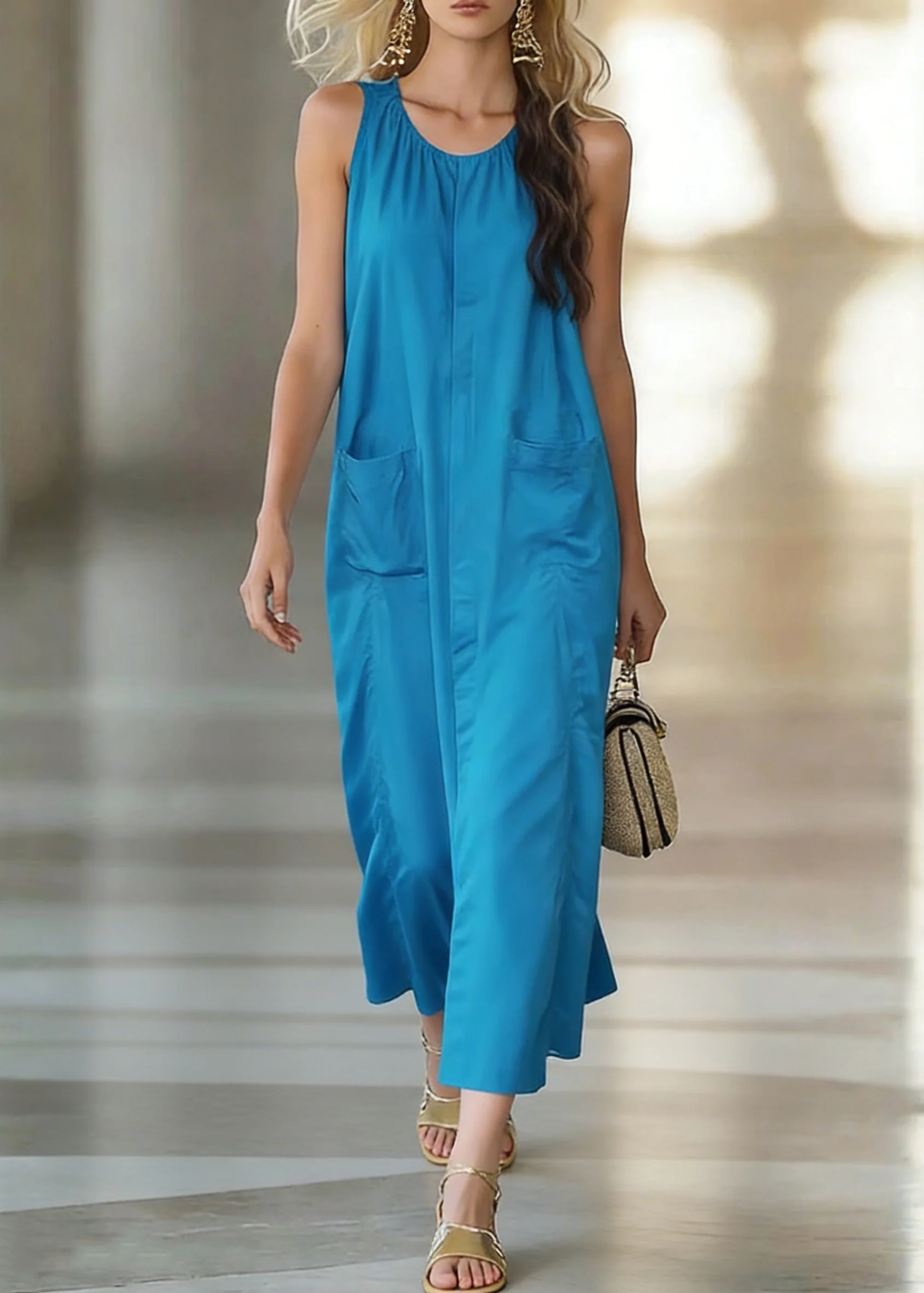 Peacock Blue Pockets Solid Cotton Long Dress O Neck Sleeveless - Image 3