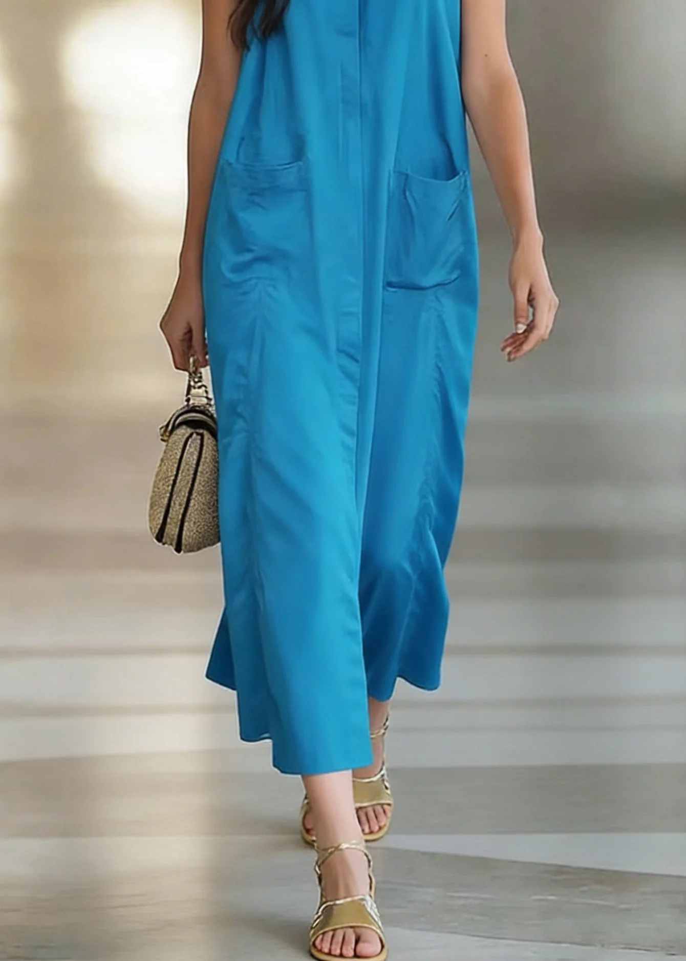 Peacock Blue Pockets Solid Cotton Long Dress O Neck Sleeveless - Image 4