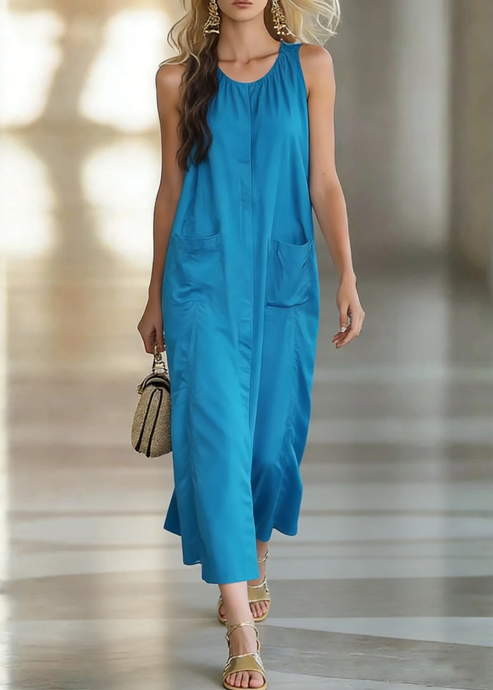 Peacock Blue Pockets Solid Cotton Long Dress O Neck Sleeveless - Image 5