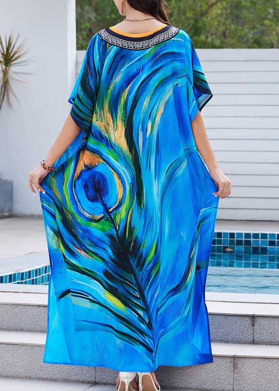 Peacock Blue Print Chiffon Beach Dress Oversized Summer - Image 5