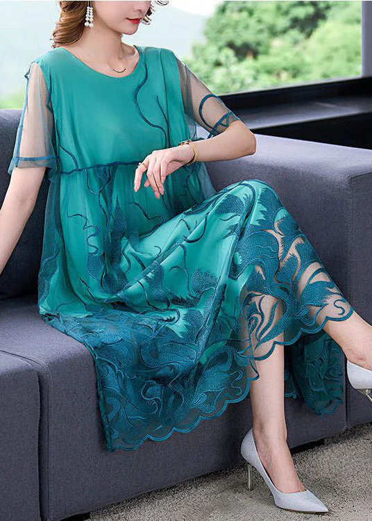 Peacock Blue Tulle Long Dresses Embroideried Summer - Image 3