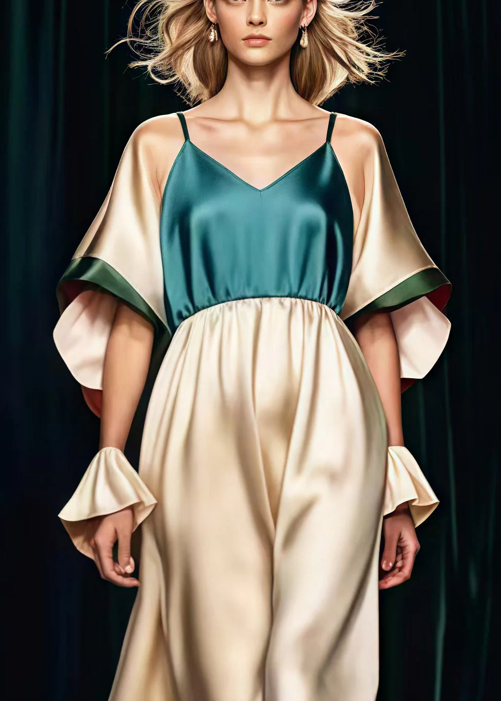 Peacock Green Patchwork Silk Dresses V Neck Summer - Image 3