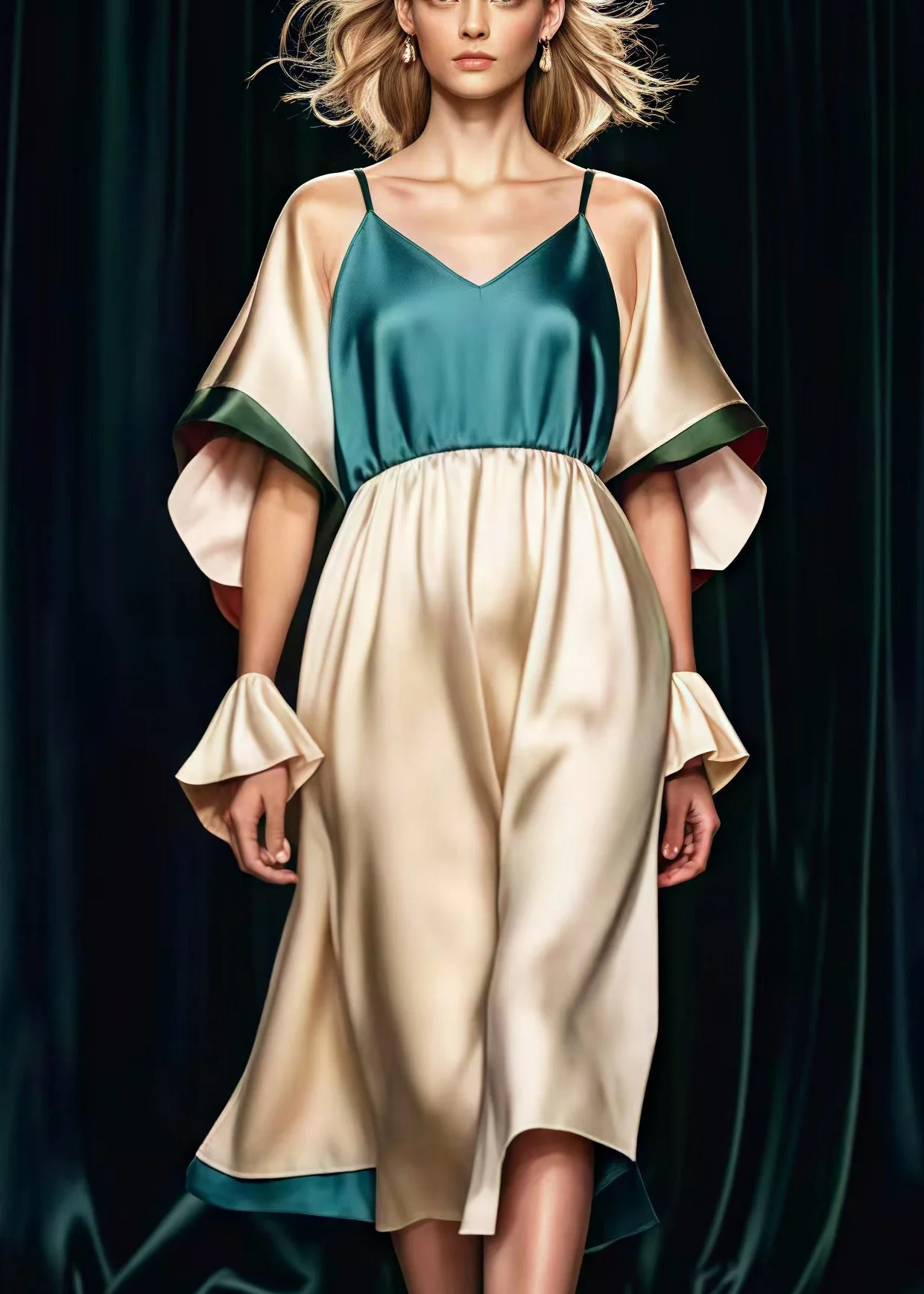 Peacock Green Patchwork Silk Dresses V Neck Summer - Image 4