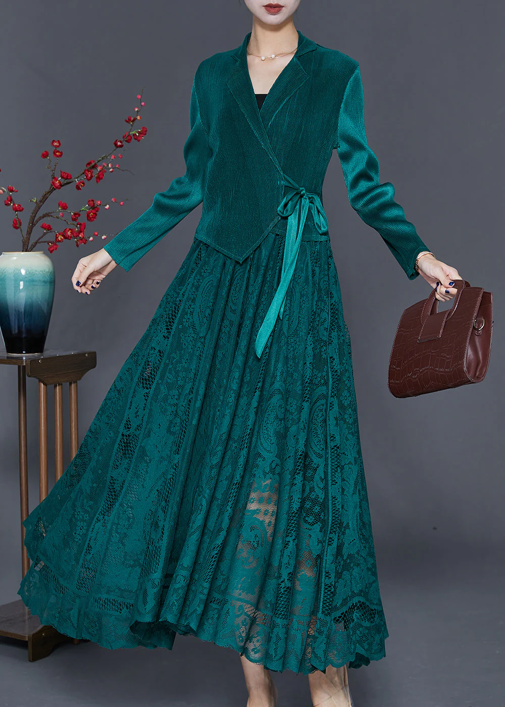 Peacock Green Patchwork Silk Velour Cinched Dress Exra Large Hem Fall - Image 2