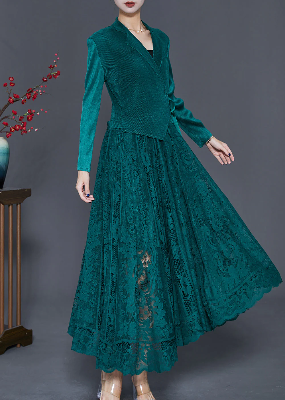 Peacock Green Patchwork Silk Velour Cinched Dress Exra Large Hem Fall - Image 3