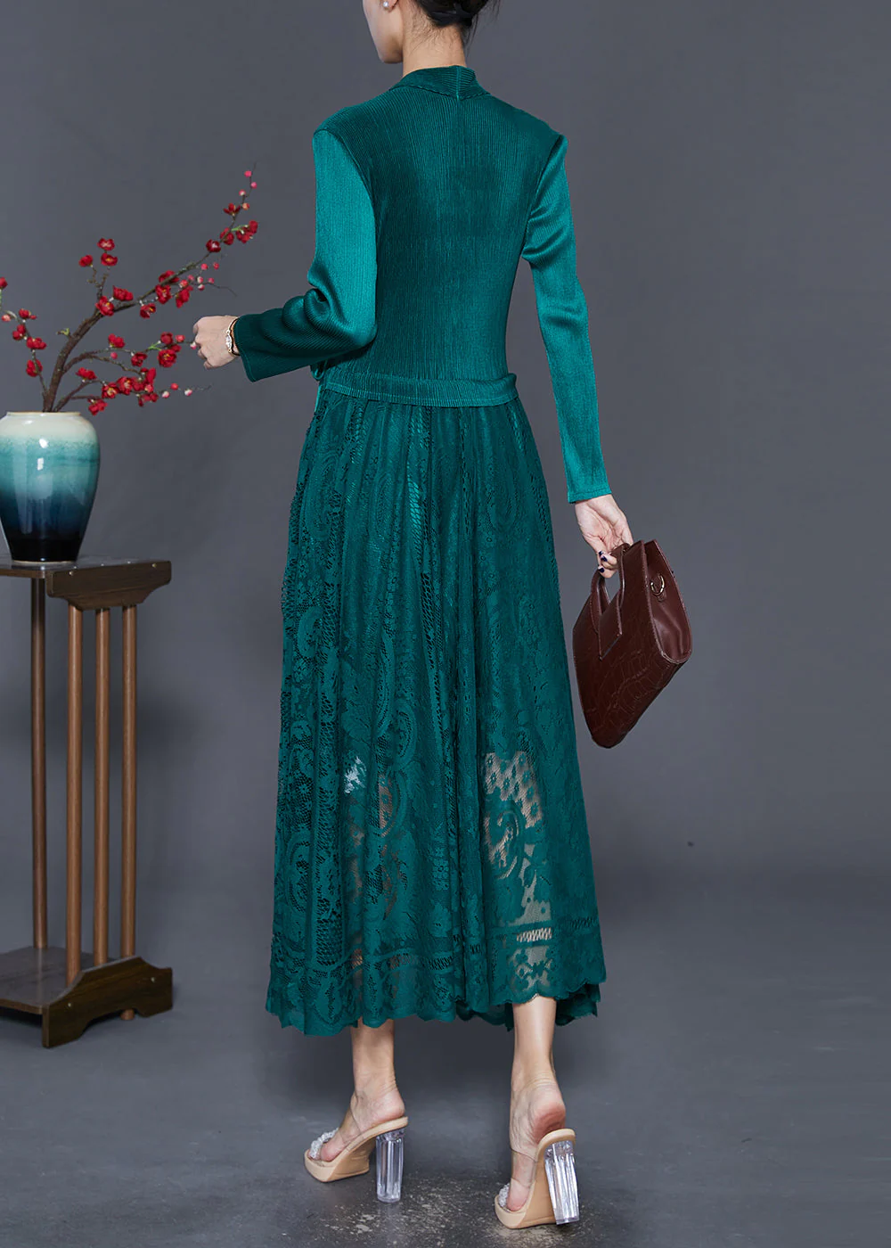 Peacock Green Patchwork Silk Velour Cinched Dress Exra Large Hem Fall - Image 4