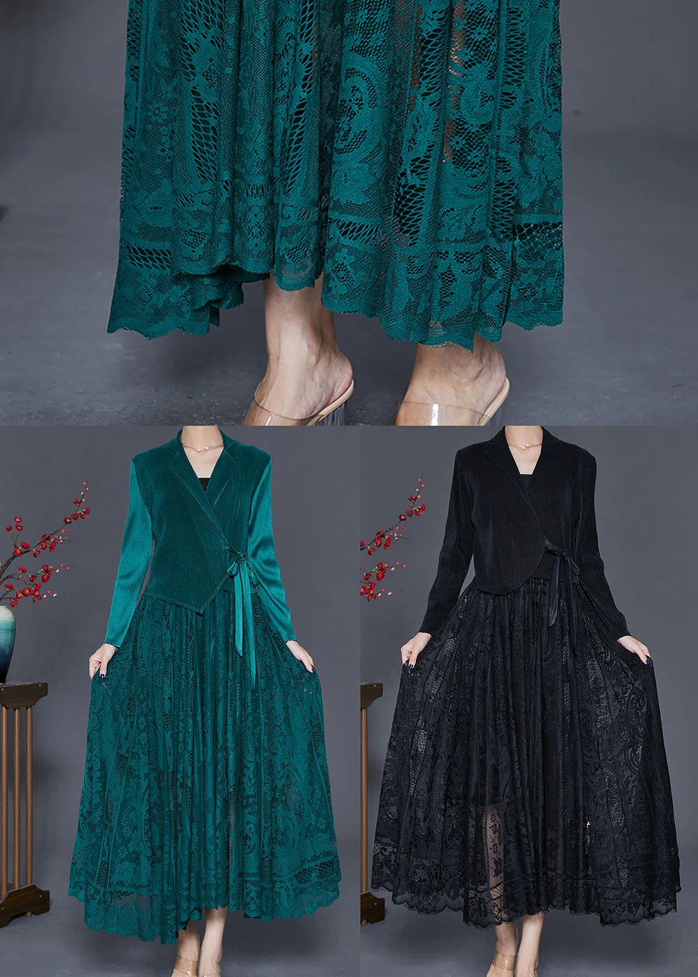 Peacock Green Patchwork Silk Velour Cinched Dress Exra Large Hem Fall - Image 5