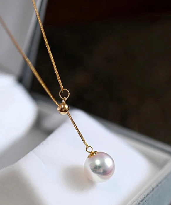 Pearl 14K Gold Pendant Necklace Golden Lntense Light Small Lamp Y Chain - Image 4