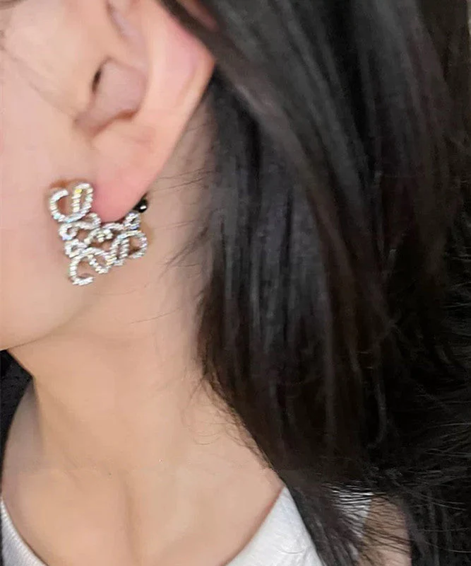 Personalized Fashion Silver Geometric Hollow Zircon Square Earrings - Image 3